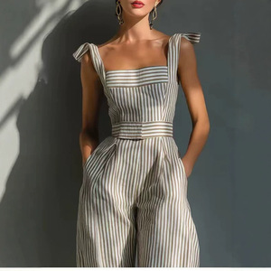 Wholesale 2026 Women Jumpsuit Linen <strong>Sexy</strong> Striped Halter Sleeve One-Piece Pants Trendy <strong>Dungarees</strong> Casual Wide Leg Women Overalls - Product Image 4