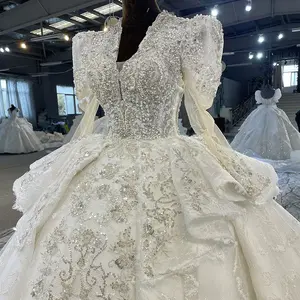 SUNNY 반짝이는 반소매 퍼프 슬리브 스퀘어 칼라 럭셔리 엠파이어 웨딩 드레스