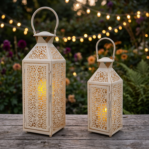 <b>Set</b> of 2 Vintage White Iron Candle <b>Lanterns</b> Table & Hanging Decor Portable Home Decor for Garden Living Room Parties Weddings - Product Image 3