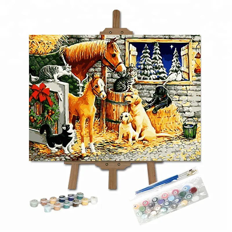 ROYALDREAM Many Animals Painting Horse Dog Cat Canvas Oil Painting by Number for Dinning Room