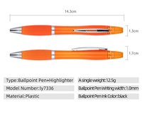 Échantillon disponible – Stylo bille et surligneur 2-en-1 en plastique, double face pour écrire et dessiner