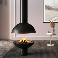 Cheminée autonome à bois en forme de dôme avec capot suspendu, vue à 360°, poêle à feu réel d'intérieur avec protection en verre