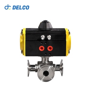 DELCO Food Grade Sanitary Pneumatic Actuated Three Ways Tri <b>Clamp</b> Stainless Steel Ball DK66-3WS Tri <b>Clamp</b> Pneumatic Ball - Product Image 2