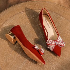 <b>Red</b> Velvet Heeled Sandals Pointed Toe Thick Heel <b>Bow</b> Decoration Elegant Wedding Party Shoes Comfortable Women's Shoes - Product Image 4