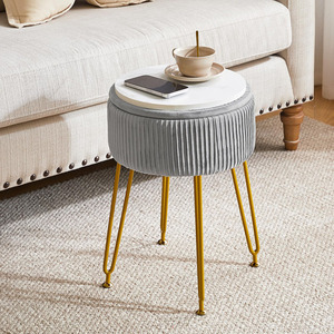 Petit pouf de rangement, repose-pieds, tabouret de maquillage en <span class=keywords><strong>velours</strong></span> <span class=keywords><strong>gris</strong></span> pour salle de maquillage, tabouret de maquillage pas cher avec pieds dorés - Product Image 3