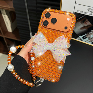 Coque de téléphone de luxe avec breloques nœud papillon en diamant pour iPhone 17 Air 16 Pro Max, chaîne 3D, bracelet Bling, cordon en strass, coque arrière - Product Image 3