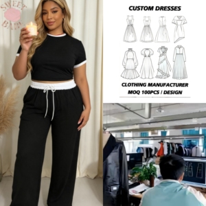 Conjunto casual de dos piezas para mujer talla grande: top corto de manga corta con cuello y puños en contraste, y pantalones anchos con cordón. - Product Image 1