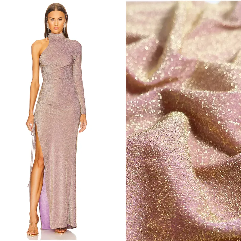 peach gold 4 way stretch nylon knitted metallic single jersey for slinky dresses
