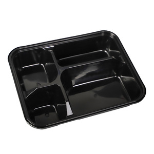 Disposable Four Compartment Lunch Box Black Rectangle PP Plastic <b>Microwave</b> Safe Commercial Food Delivery Container - Product Image 1