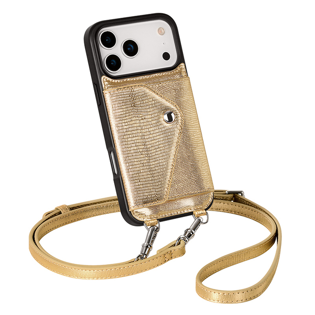 Premium Lizard Pattern Genuine Leather Wallet Phone Case with Crossbody Shoulder Strap Custom Logo