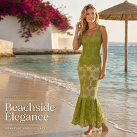 Robe longue en dentelle crochet verte personnalisée ODM OEM pour femme, sans manches, ajourée, style queue de poisson, tenue de plage, paréo