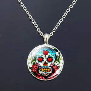 Sucre Crâne Collier Mexique Art Populaire Sucre Crâne Verre Dôme Pendentif Chaîne Collier Fête des Morts Bijoux Cadeau D'halloween