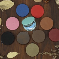 Miroir de poche en cuir PU de haute qualité de forme ronde, miroir compact en similicuir coloré portable, gravable au laser