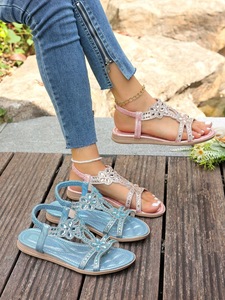 Women Floral Rhinestone T Strap Flat <b>Sandals</b> Glitter Upper <b>Elastic</b> Ankle Strap Slip Resistant Sole Summer Beach Casual Footwear - Product Image 1