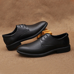Chaussures habillées d'été pour hommes en cuir véritable, style Oxford, à bout rond, à lacets, respirantes, pour le bureau et la carrière, semelle extérieure en caoutchouc noir massif, en peau de porc - Product Image 3
