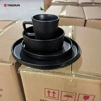 Ensemble de petit-déjeuner 16 pièces, assiettes de service noires mates, compatibles lave-vaisselle et micro-ondes, vaisselle en grès céramique pour restaurant