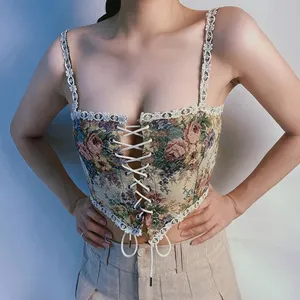 2022 여성 우아한 디자이너 프랑스 빈티지 인쇄 고삐 탑 세련된 붕대 꽃 코르셋 셔츠 섹시한 스타일 파티 클럽 숙녀 탑