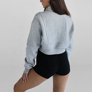 Nuova Collezione: Felpa Corta con Mezza Zip, Premium in Cotone Felpato Spesso, con Fori per i Pollici, Pullover con Cappuccio da <span class=keywords><strong>Donna</strong></span> - Product Image 2