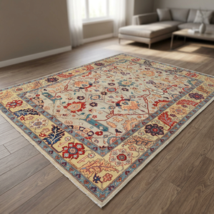 Grand tapis carré moderne en laine noué à la main, brodé, abstrait, antidérapant, lavable, écologique, à poils plats pour la maison, le bureau, les pique-niques - Product Image 1
