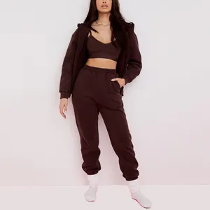 Bulk Custom Puff Print Hoge Kwaliteit Zwaargewicht Fleece Oversized Dames Sweatsuit Met Ritssluiting Hoodie En Jogger Set