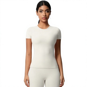 Haut de yoga sans couture à col rond et manches courtes en coton élasthanne uni pour femme, idéal pour l'entraînement, vente en gros, impression de logo personnalisé 2026 - Product Image 1