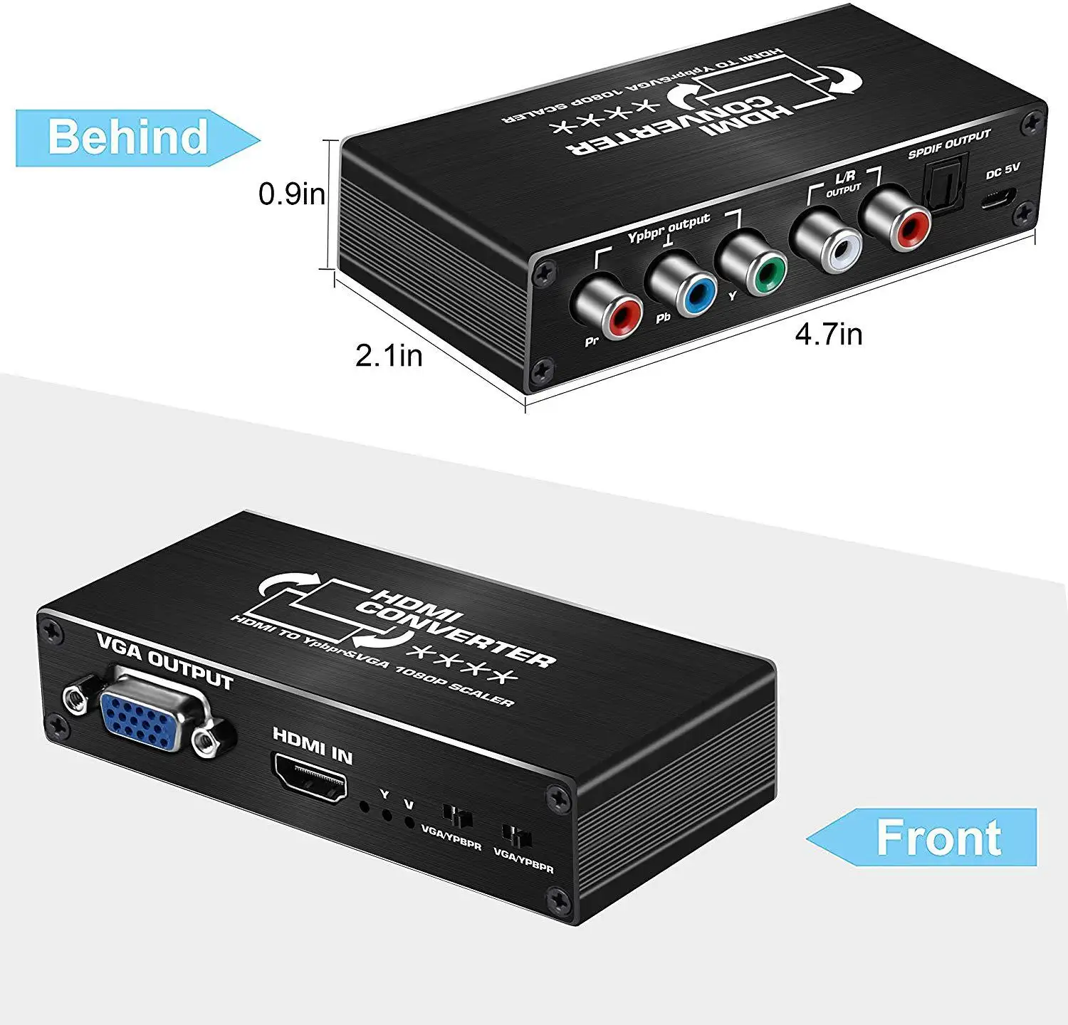 Konverter Komponen HDMI Ke VGA 1080P, Konverter Scaler HDMI Ke VGA (YPbPr/ RGB/ 5RCA) dengan Output Audio Toslink SPDIF