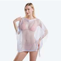 Doorzichtige mesh gebreide strandtuniek met franjes aan de zoom, bikini-cover-up, losse zonwerende top voor zomervakantie, sjaal