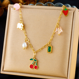 Stainless Steel Necklace With Pearl Fruit Charms Cherry Strawberry Pendant Fashion Gift Jewelry - Product Image 1