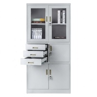 Armoire de rangement en acier gris clair, design durable et écologique, avec porte en verre, 3 tiroirs et serrure à clé