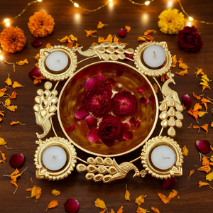 Ensemble de lampes à huile traditionnelles en laiton pour Diwali avec motif de paon plaqué or pour les cérémonies religieuses et la décoration Pooja - Product Image 3