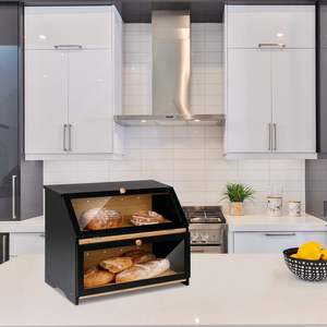 Caja de <span class=keywords><strong>Pan</strong></span> de Bambú Negra de 2 Niveles y Gran Capacidad con Asa para Encimera de Cocina, Contenedor de Almacenamiento de Alimentos de Alta Calidad - Product Image 3