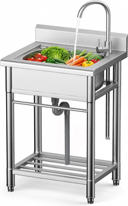 Évier de cuisine professionnel en acier inoxydable brossé à cuve unique avec égouttoir et étagère de rangement pour station de préparation de restaurant - Product Image 1