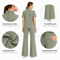 Setelan Scrub Wanita Kerah Mandarin Berbahan Stretch, Celana Flare Rajut Stretch Seragam Medis, Scrub Perawat Salon Gigi Logo Kustom