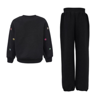 Ensemble de survêtements pour filles, motif floral orné de pierres précieuses, coupe décontractée à épaules tombantes, bordure côtelée, vêtements de jeu décontractés en polyester/coton, personnalisable