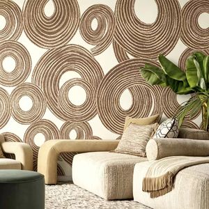 Mural de Pared Rectangular de Terciopelo y Satén <span class=keywords><strong>con</strong></span> Diseño de Círculos Concéntricos Texturizados en Tono Marrón, Estilo Lujoso y Moderno, Patrón de Anillos Dibujado a Mano para Sala de Estar - Product Image 3