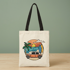 Bolsa de Mano de Lona con Estampado de Palmeras y Atardecer en la Playa, Bolso de Hombro Casual Reutilizable - Product Image 3