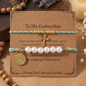 Conjunto de Pulseras Go2boho Madrina, Pulsera de Cordón Trenzado con Cruz y Pulsera de Perlas con Tarjeta de Regalo - Product Image 3