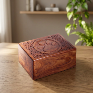 Urna de Madera Hecha a Mano para Mascotas con Diseño de Huella Tallada, Acabado en Madera Natural Marrón, Cofre Conmemorativo - Product Image 4