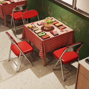 Retro Hong Kong Style Folding Chairs For Restaurant Durable Metal Frame Red Seat And Back With Checkered Tablecloth Setup - Product Image 2