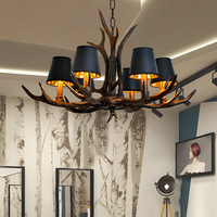 Lustre décoratif à 6 lumières, design rétro américain de luxe, en résine en forme de bois de cerf, abat-jour en tissu industriel pour grenier