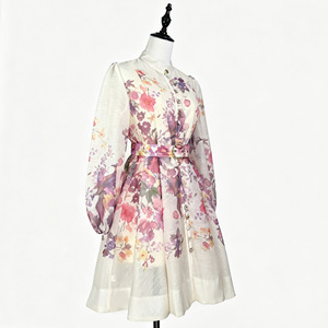 Completo due pezzi vintage stile francese con stampa floreale, colletto alla coreana, <span class=keywords><strong>abito</strong></span> monopetto e gonna a trapezio a vita alta - Marca Z - Product Image 1