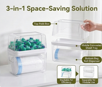 Distributeur de sacs poubelles 3-en-1 en plastique, conteneur pour dosettes de lessive et organisateur de tablettes nettoyantes pour armoire de cuisine et buanderie