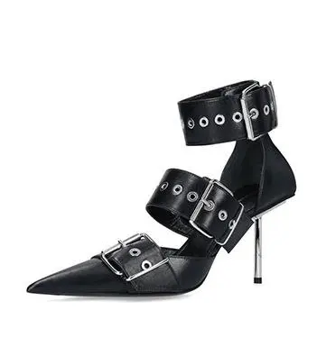 PDEP new designer sexy nightclub pointed heels sandals rivet decoration metal buckle ankle strap thin heels high mules for women
