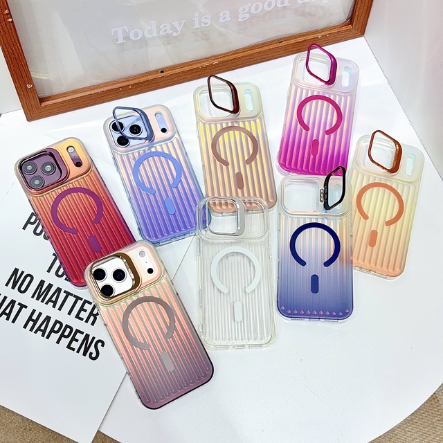 Wholesale Fashion Holographic Gradient Ribbed Soft TPU Phone Case with Kickstand Protective Cover for iPhone 15 16 17 18 Pro Max