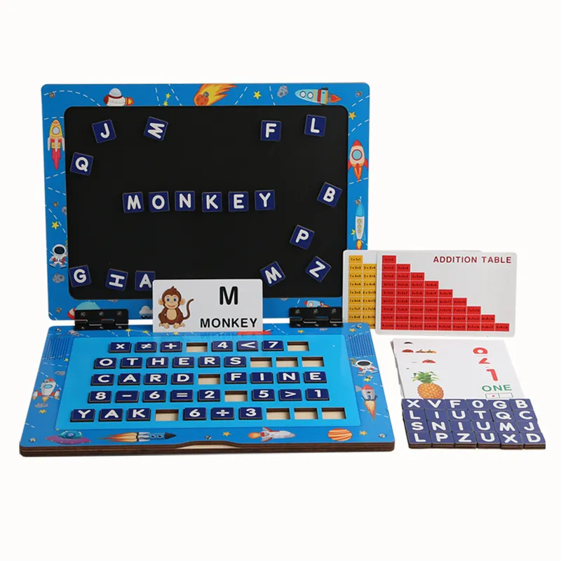 kids learning alphabets and numbers Wooden notebook study pad spelling toy Laptop