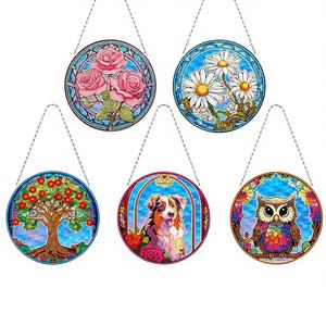 Pendentif double face en <span class=keywords><strong>peinture</strong></span> <span class=keywords><strong>de</strong></span> diamant Hibou et <span class=keywords><strong>Chien</strong></span> floral - Carillon <span class=keywords><strong>de</strong></span> vent scintillant pour la décoration intérieure - Product Image 1
