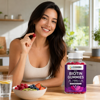 Gummies véganes à la biotine 10000 mcg saveur framboise, complément alimentaire naturel à la framboise, 60 gummies, 30 portions, cheveux, peau, ongles