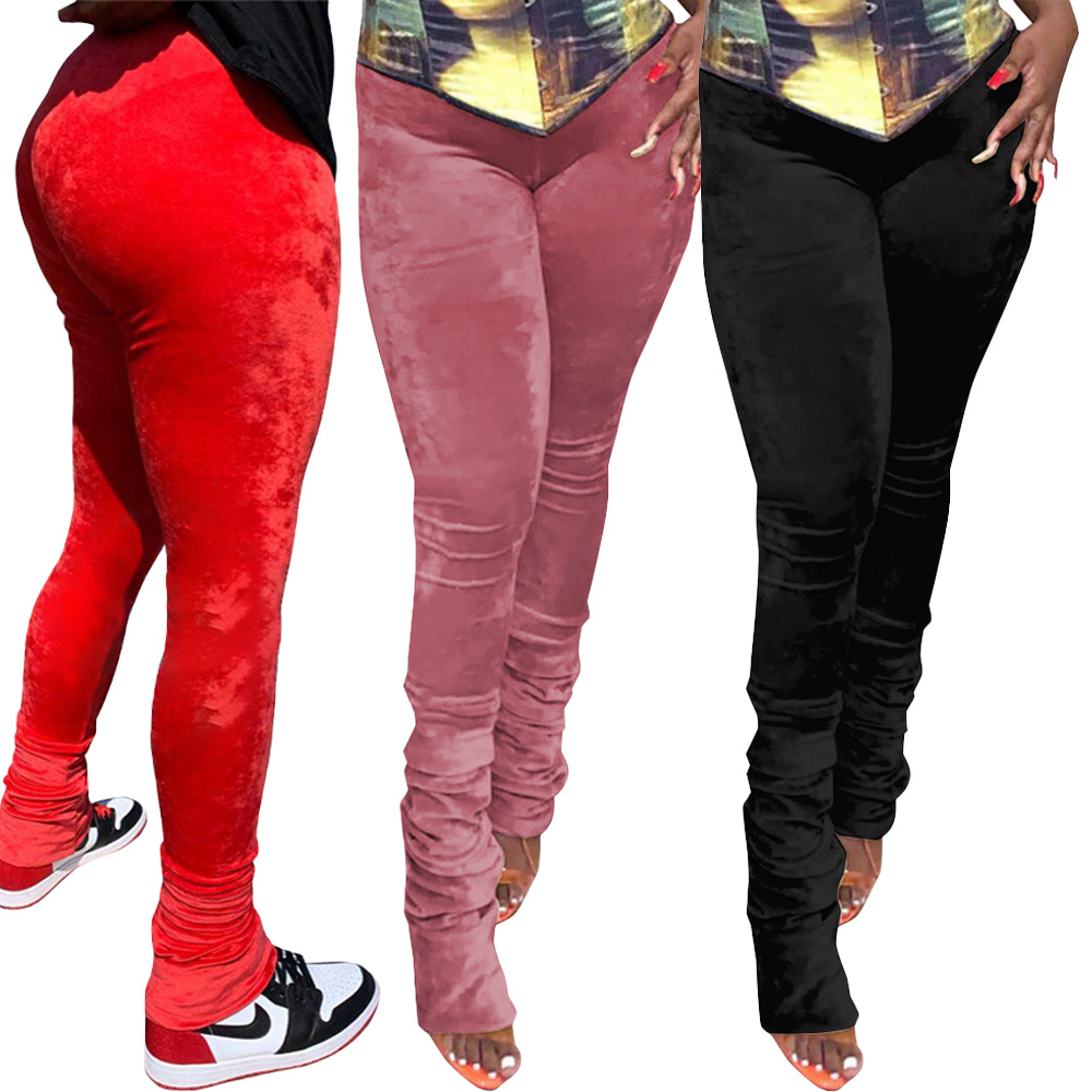 2021 Fall Winter Thick Drawstring Velvet Women Stacked Pants Womens Athletic Long Running Fitness Sport Casual Stacked Pants
