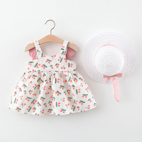 Set Gaun Bayi Perempuan 2 Pcs Desain Baru Musim Panas ODM + Topi Jerami, Tanpa Lengan, Cetak Bunga Ceri