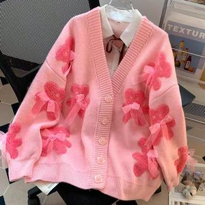 <span class=keywords><strong>Pull</strong></span> en tricot pour <span class=keywords><strong>femme</strong></span>, style cardigan ample et décontracté, col en V, motif ours mignon et nœud, collection automne-hiver, style dessin animé - Product Image 2